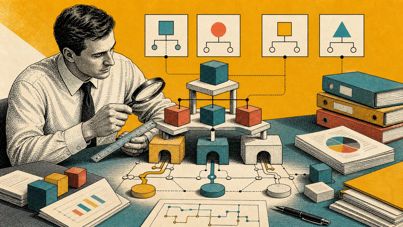 Engraved illustration of a business structure being checked with modular blocks