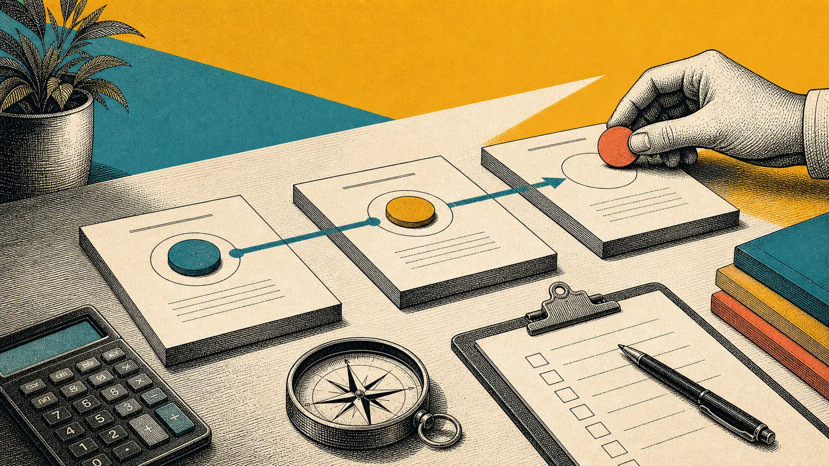 Engraved illustration of a careful staged business decision pathway