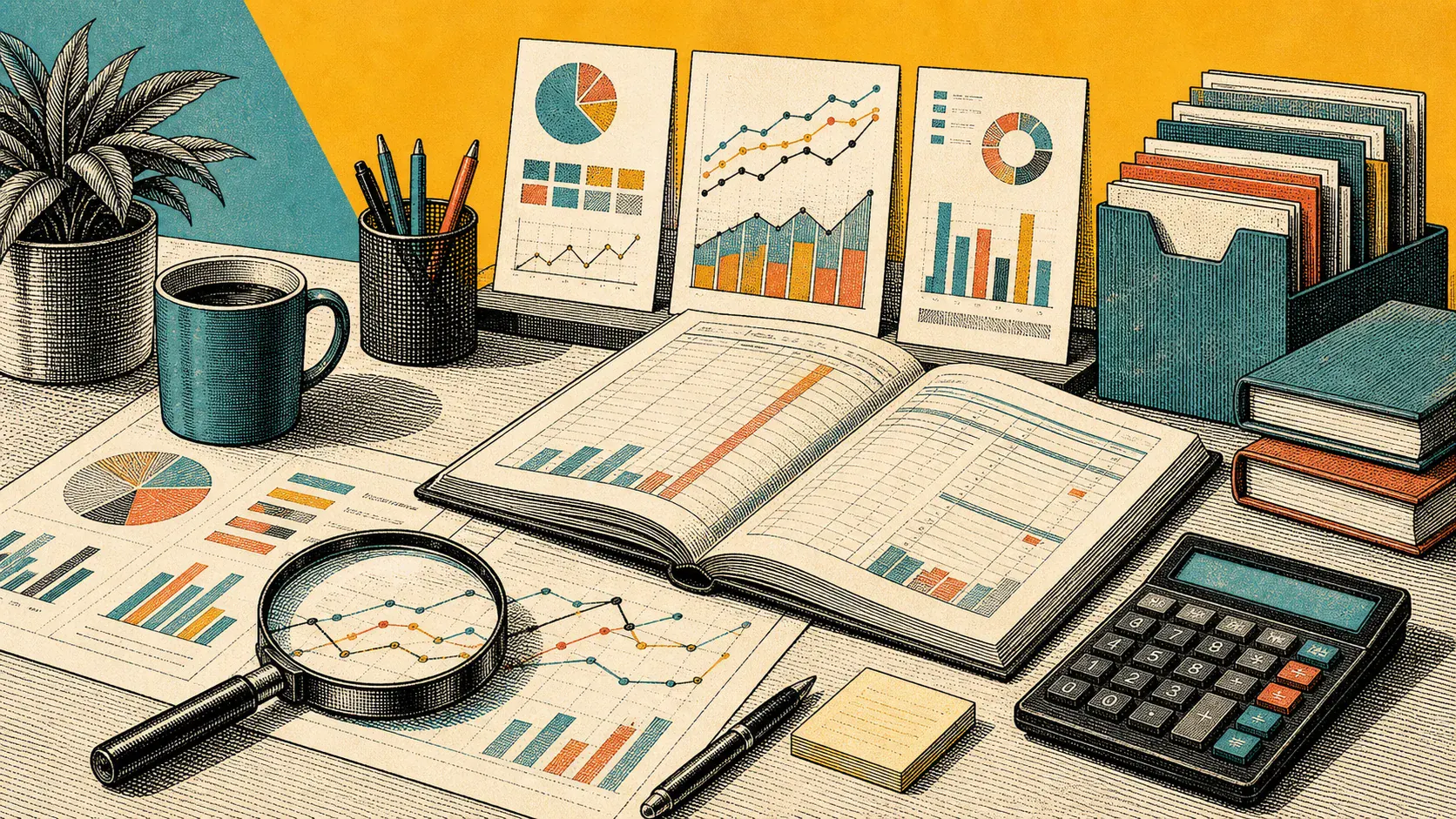Engraved illustration of financial records and dashboards being reviewed clearly