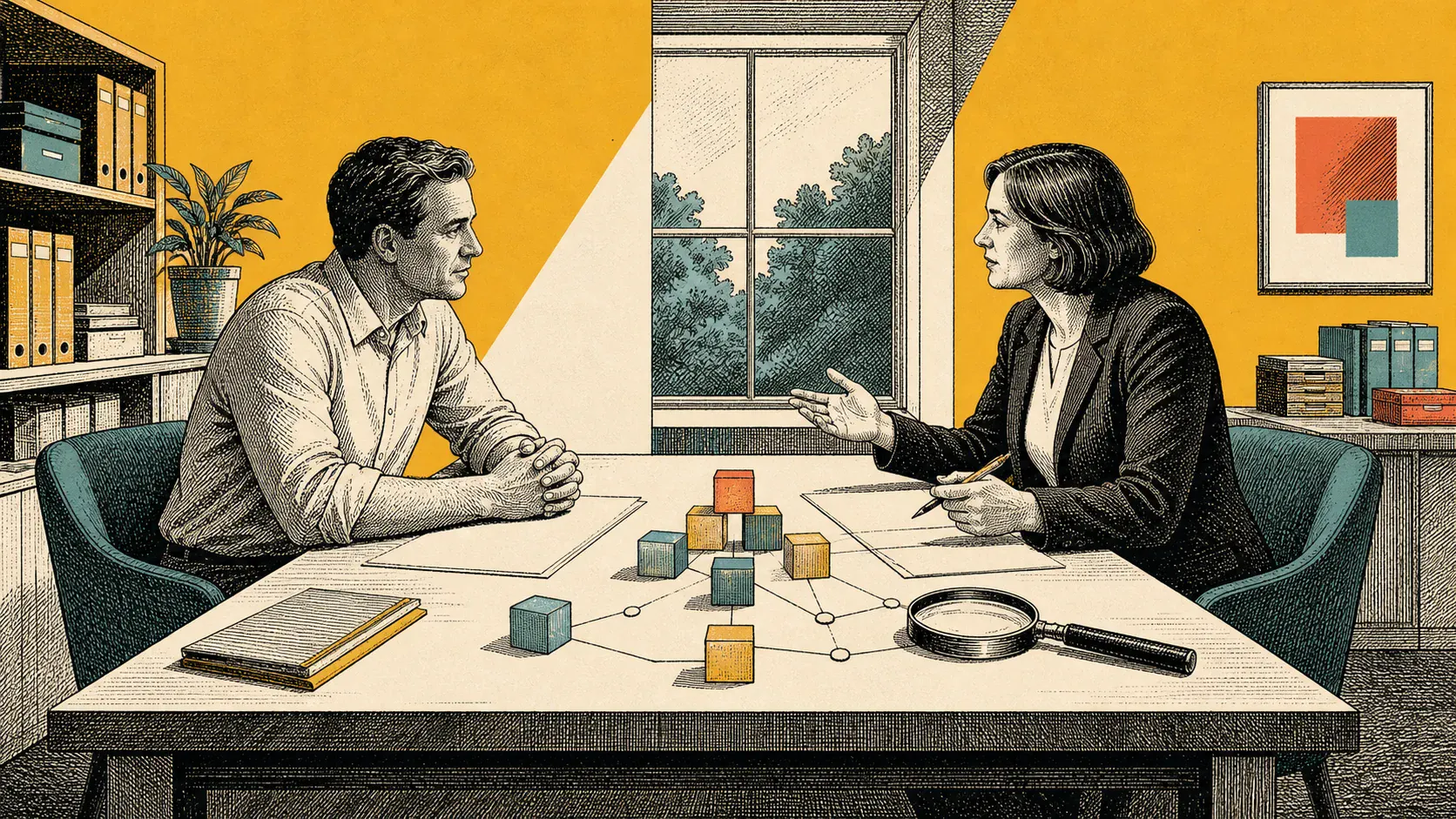 Engraved illustration of a business owner and adviser reviewing a company structure