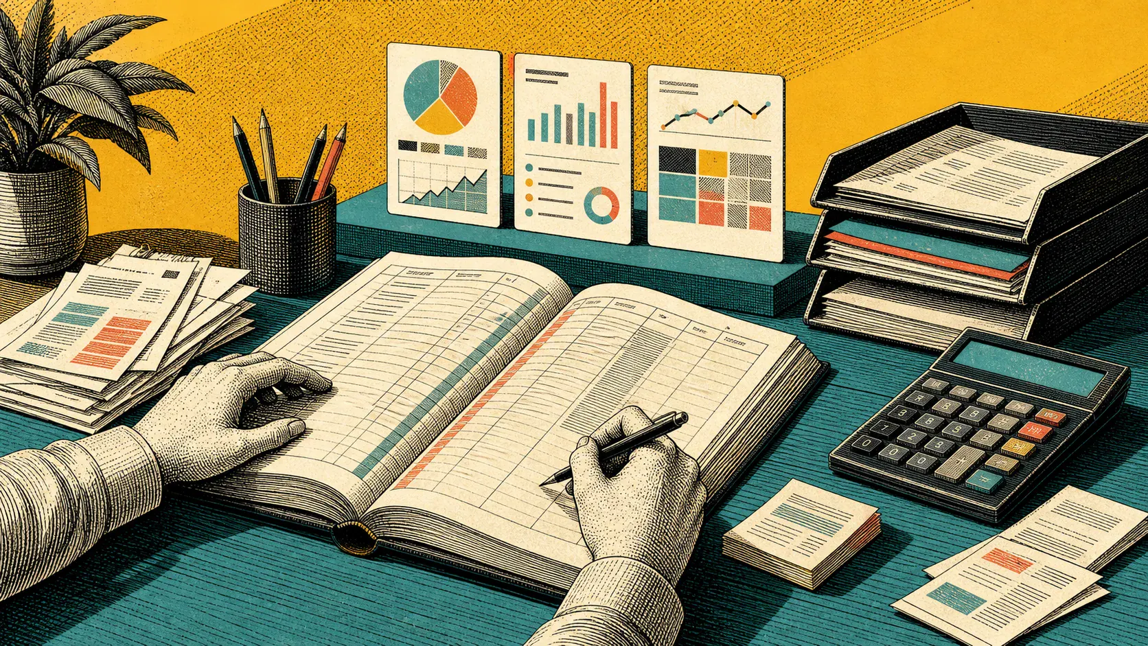 Engraved illustration of bookkeeping records, receipts, and financial dashboards