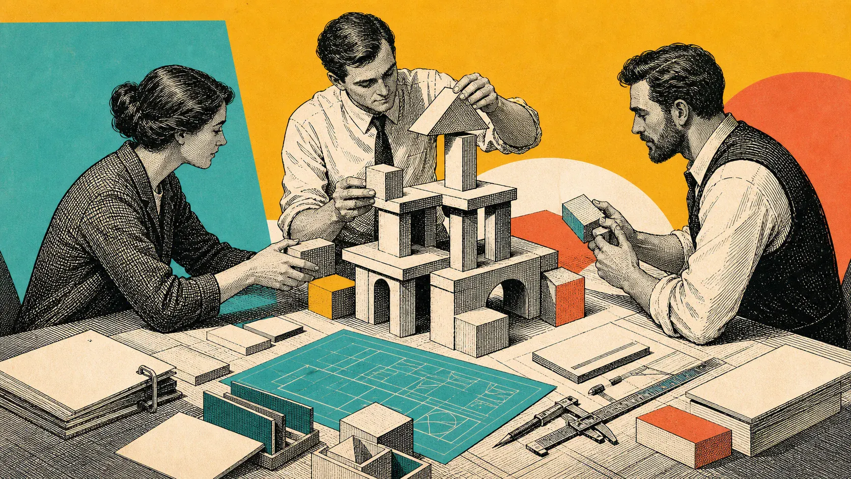 Engraved illustration of specialists assembling a cleaner business structure
