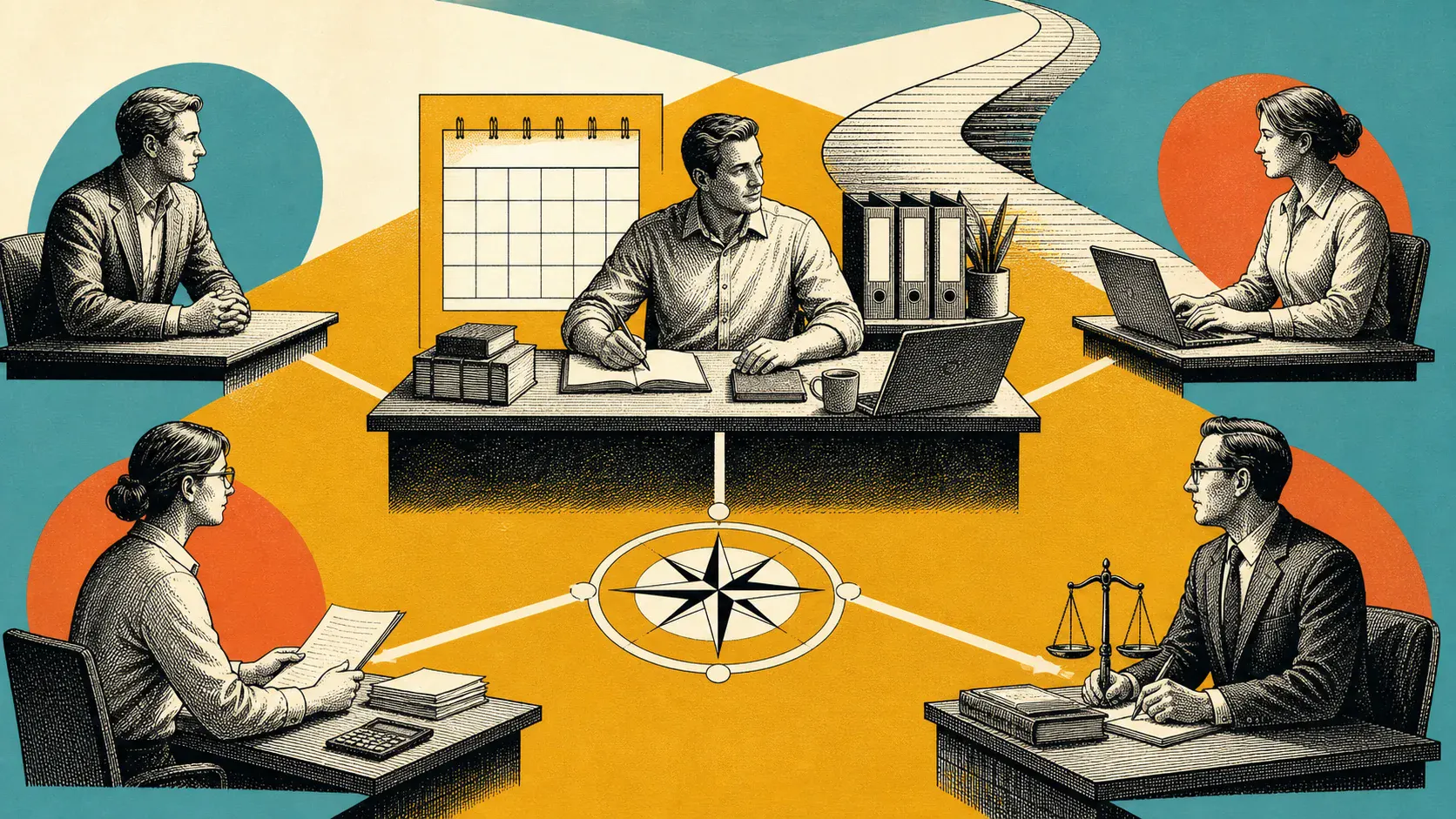 Engraved illustration of a coordinated adviser network around a business owner
